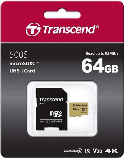 Карта пам`ятi MicroSDXC 64GB UHS-I/U3 Class 10 Transcend 500S + SD-adapter (TS64GUSD500S) 243792 фото