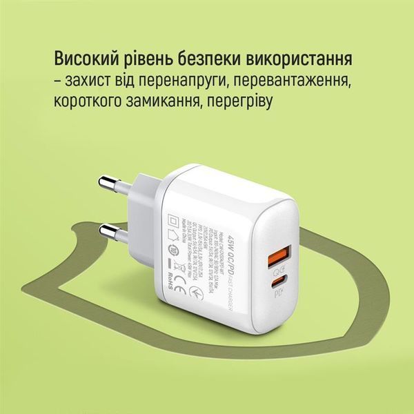 Мережевий зарядний пристрій ColorWay Power Delivery Port PPS USB (Type-C PD + USB QC3.0) (45W) White (CW-CHS042PD-WT) 491450 фото
