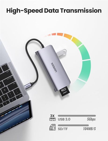 Концентратор USB Type-C Ugreen CM179 3xUSB 3.0 + HDMI + VGA + RJ45 1000M Ethernet + Cardreader, Gray (40873) 466803 фото