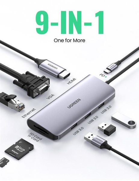 Концентратор USB Type-C Ugreen CM179 3xUSB 3.0 + HDMI + VGA + RJ45 1000M Ethernet + Cardreader, Gray (40873) 466803 фото