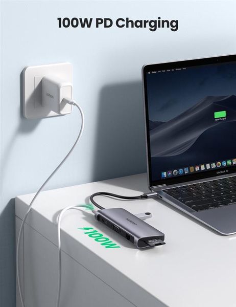 Концентратор USB Type-C Ugreen CM179 3xUSB 3.0 + HDMI + VGA + RJ45 1000M Ethernet + Cardreader, Gray (40873) 466803 фото