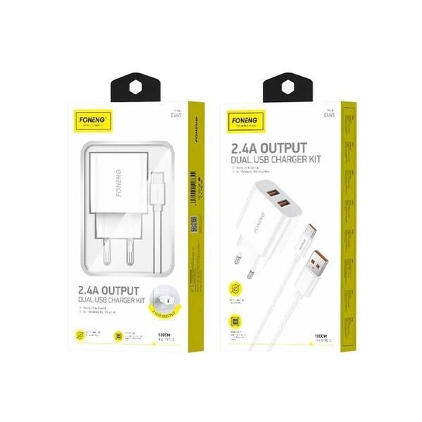 Мережевий зарядний пристрій Foneng EU45 Dual USB Charger (2USBх2.4A) White (EU45-CH-TC) + кабель USB Type C 488497 фото