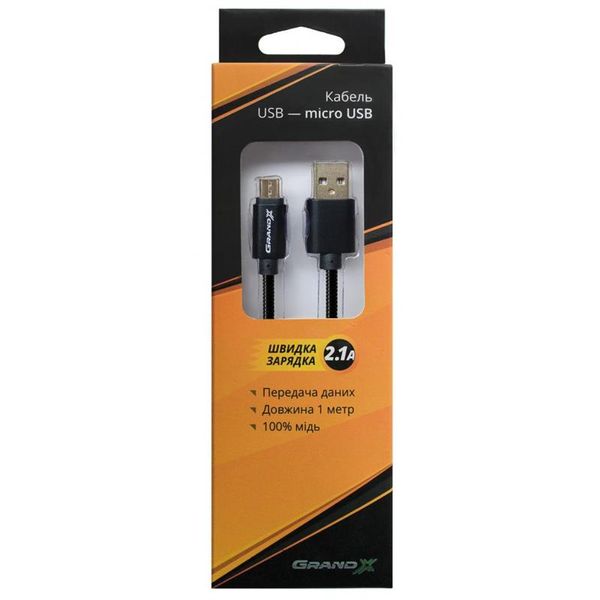 Кабель Grand-X USB - micro USB (M/M), 2.1A, металеве обплетення, 1 м, Black (MM-01B) гіфтбокс з вікном 283603 фото