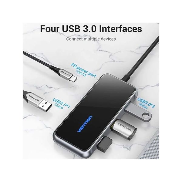 Концентратор Vention 5 в 1 Type-C-USB-PD 4USB 3.0 87W 4K 30Hz 0.15m Black (TFDHB) 483244 фото