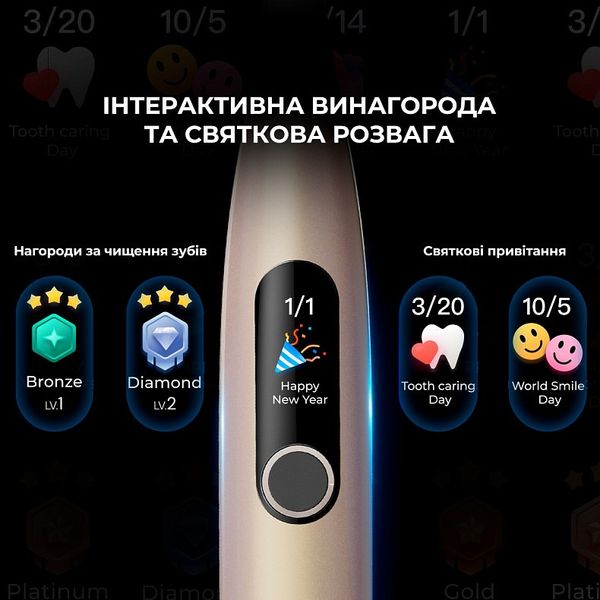 Розумна зубна електрощітка Oclean X Pro Digital Electric Toothbrush Champagne Gold (6970810552553) 446241 фото