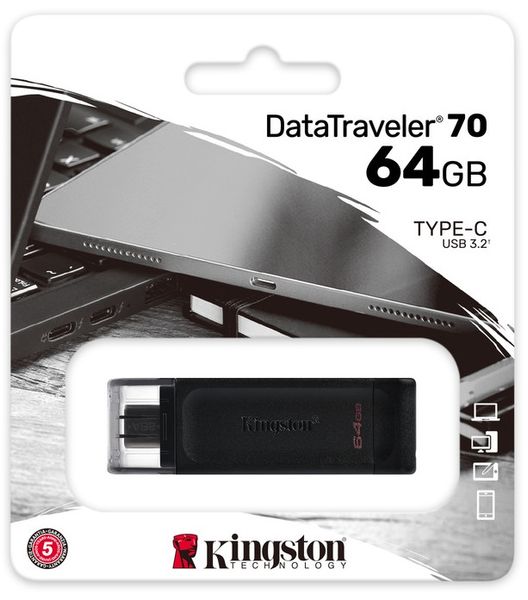 Флеш-накопичувач USB3.2 64GB Type-C Kingston DataTraveler 70 Black (DT70/64GB) 306907 фото