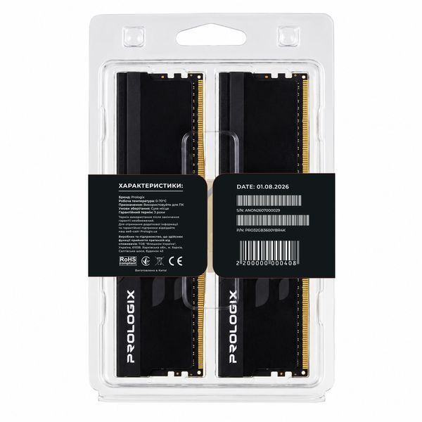 Модуль пам`ятi DDR4 2x16GB/3600 Prologix Onyx Black RGB (PRO32GB3600YBR4K) 620453 фото