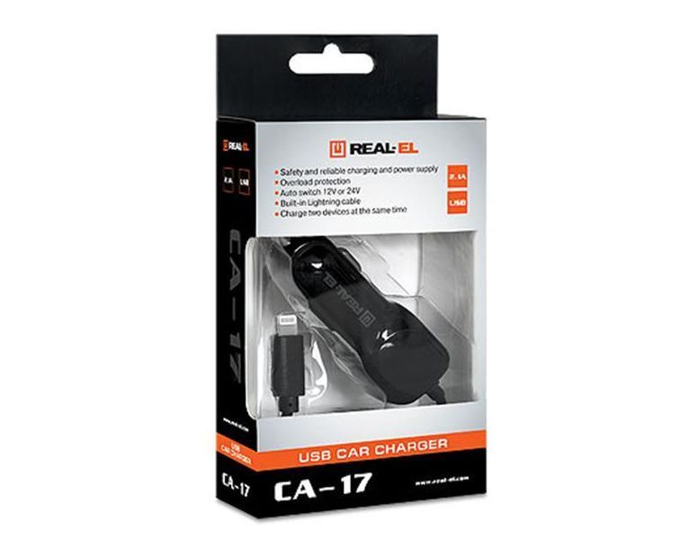 Автомобільний зарядний пристрій REAL-EL CA-17 (2USB, 2.1A) Black + кабель Lightning 296263 фото