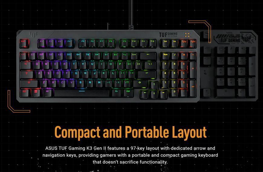 Клавiатура Asus TUF Gaming K3 Gen II Opti-Mech RGB 97key Switches ABS Black (90MP0390-BKMA00)_promo 608281 фото