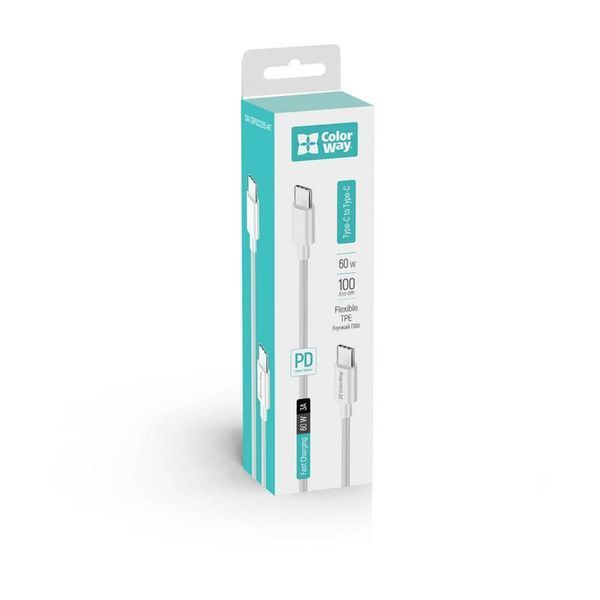 Кабель ColorWay USB Type-C - USB Type-C (M/M), PD Fast Charging 65W, 3.0 А, 1 м, White (CW-CBPDCC055-WT) 504826 фото