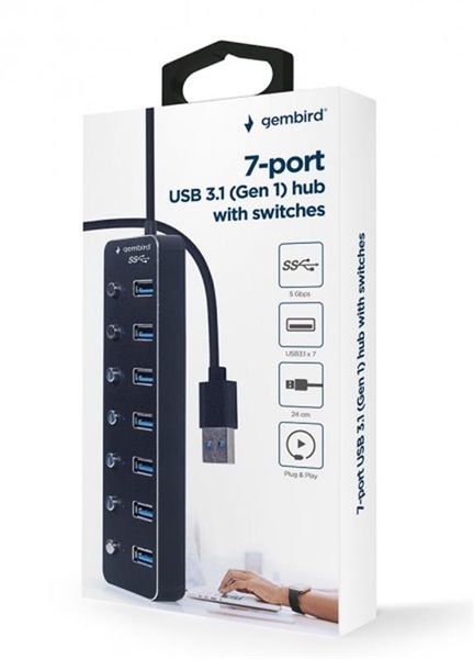 Концентратор USB 3.0 Gembird 7хUSB3.0, з вимикачами, пластик/метал, Black (UHB-U3P7P-01) 460174 фото