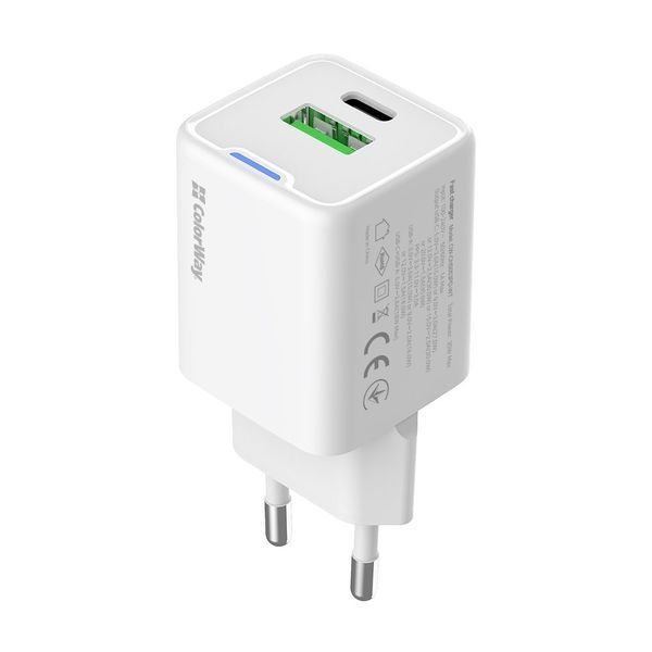Мережевий зарядний пристрій ColorWay GaN Mini 30W PD Port PPS USB (Type-C PD + USB QC4.0) White (CW-CHS053PD-WT) 551225 фото