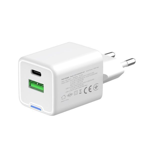 Мережевий зарядний пристрій ColorWay GaN Mini 30W PD Port PPS USB (Type-C PD + USB QC4.0) White (CW-CHS053PD-WT) 551225 фото