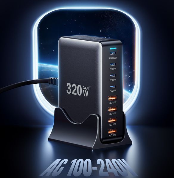 Мережевий зарядний пристрій Essager Engine 320W 4xUSB-C+4xUSB-A Black (EZC320W-QJB0G-Z) 608010 фото