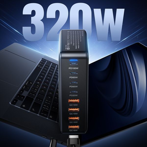 Мережевий зарядний пристрій Essager Engine 320W 4xUSB-C+4xUSB-A Black (EZC320W-QJB0G-Z) 608010 фото