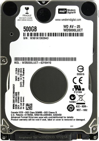 Накопичувач HDD 2.5" SATA 500GB WD AV-25 5400rpm 16MB (WD5000LUCT) Refurbished 157901 фото