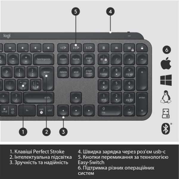 Клавіатура бездротова Logitech MX Keys Advanced for Business Wireless Illuminated UA Graphite (920-010251) 466791 фото