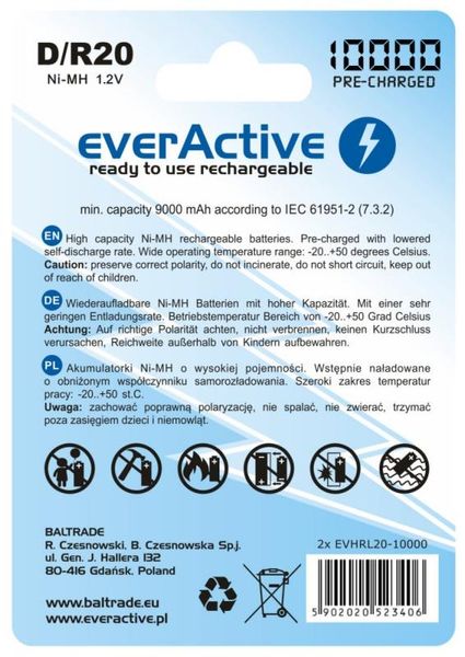 Акумулятор everActive D/HR20 10000mAh BL 2шт 257541 фото