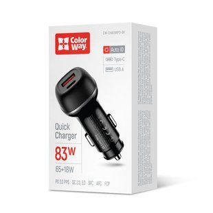 Автомобільний зарядний пристрій ColorWay 2USB (Type-C PD65W + USB QC3.0 18W) 83W Black (CW-CHA068PD-BK) 595333 фото