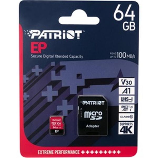 Карта пам`ятi MicroSDXC 64GB UHS-I/U3 Class 10 Patriot EP A1 R90/W80MB/s + SD-adapter (PEF64GEP31MCX) 326109 фото