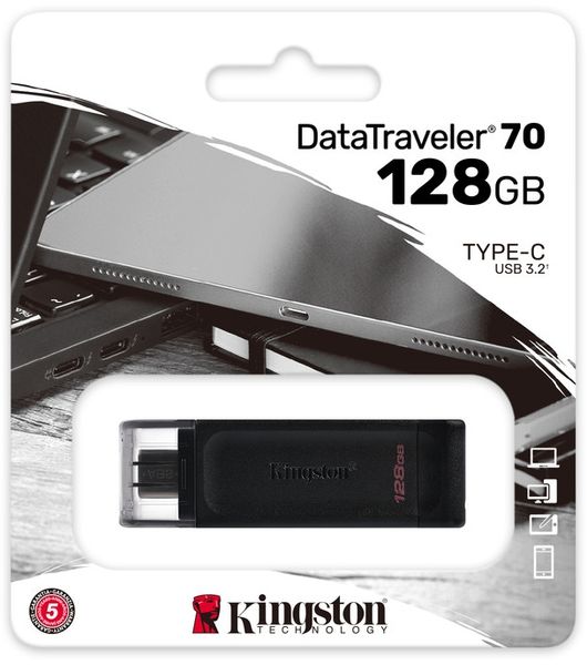 Флеш-накопичувач USB3.2 128GB Type-C Kingston DataTraveler 70 Black (DT70/128GB) 306909 фото