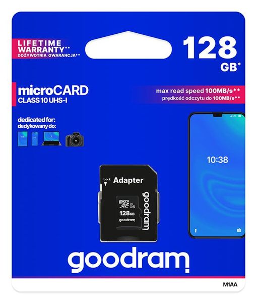 Карта пам`яті MicroSDXC 128GB UHS-I Class 10 Goodram + SD-adapter (M1AA-1280R12) 240338 фото