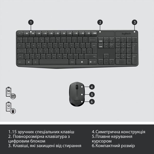 Комплект (клавіатура, миша) бездротовий Logitech MK235 ENG/UKR Grey (920-007931) 433994 фото