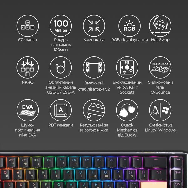 Клавіатура Ducky One 3 SF Cherry MX Red RGB UA USB Black (DKON2167ST-RUAPXCLAWSC1) 537202 фото