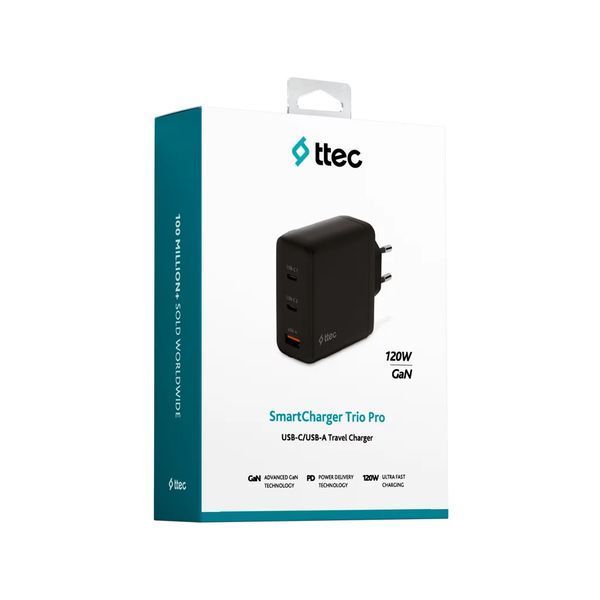 Мережевий зарядний пристрій Ttec SmartCharger Trio GAN 2хUSB-C/USB-A /120Вт Black (2SCG04S) 525613 фото