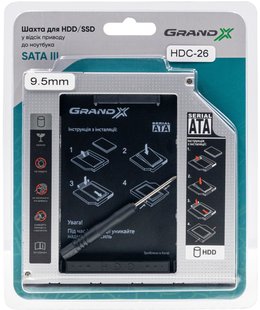 Адаптер Grand-X для підключення HDD 2.5" у відсік приводу ноутбука SATA3 Slim 9.5мм (HDC-26) 436437 фото