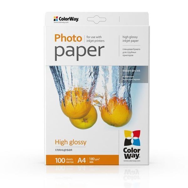 Фотопапір ColorWay глянцевий 180г/м2 A4 100 арк. (PG180100A4) 1194 фото