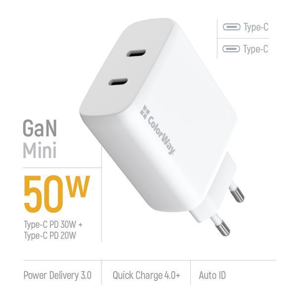 Мережевий зарядний пристрій ColorWay GaN Mini 50W PD Port PPS USB (Type-C PD 30W + Type-C PD 20W) White (CW-CHS050PD-WT) 543182 фото