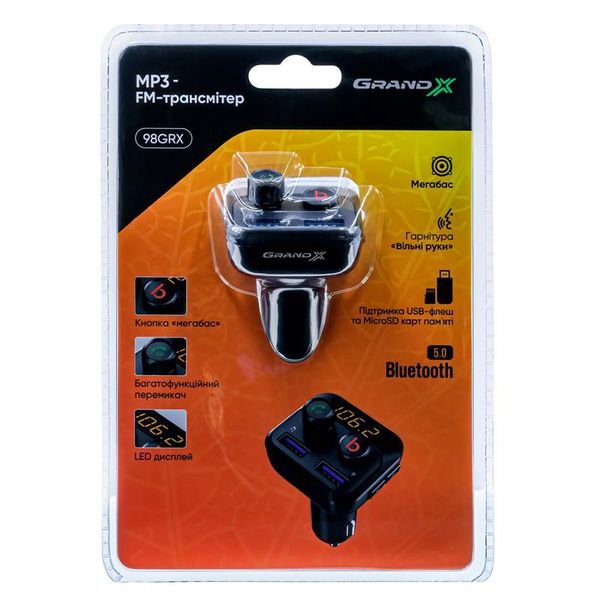 FM-трансмітер Grand-X 98GRX MegaBass Bluetooth V5.0 Hands Free MicroSD, 2хUSB 1A+2.4A 314304 фото