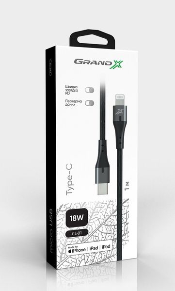 Кабель Grand-X USB Type-C - Lightning (M/M), MFI, Power Delivery 18W, 1 м, Gray (CL-01) 313504 фото