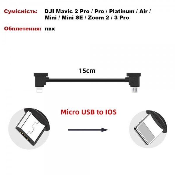 Кабель Goojodoq MicroUSB-Lightning PVC для пульта DJI Mavic 2 Pro / Pro / Platinum / Air / Mini / Mini SE / Zoom 0.15m Black (32866812366P15ML) 463786 фото