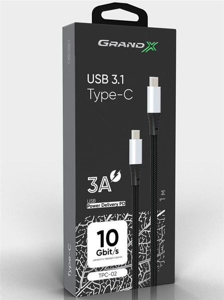 Кабель Grand-X USB Type-C - USB Type-C (M/M), Power Delivery, 65 W, 1 м, Black (TPC-02) 313505 фото