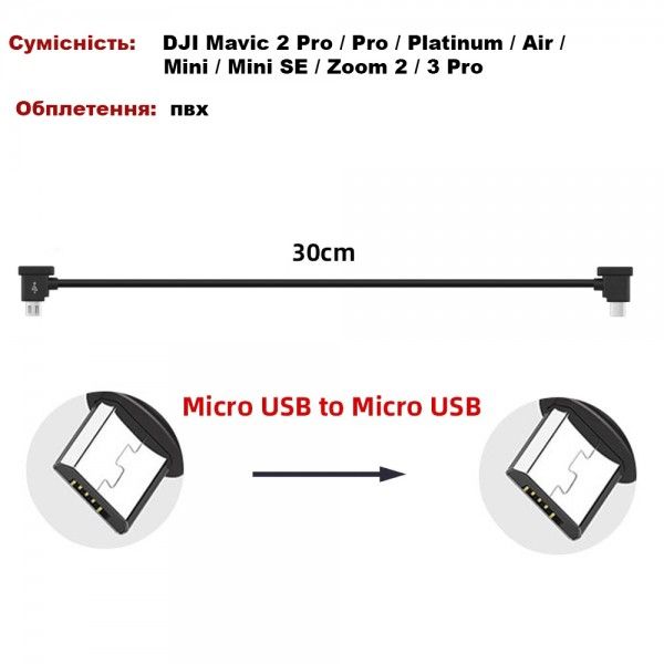 Кабель Goojodoq MicroUSB-MicroUSB PVC для пульта DJI Mavic 2 Pro / Pro / Platinum / Air / Mini / Mini SE / Zoom 0.3m Black (32866812366P30MM) 463792 фото