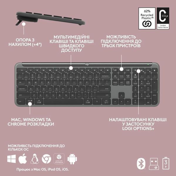 Комплект (клавіатура, миша) бездротовий Logitech Signature Slim Combo MK950 Graphite (920-012490) 512589 фото