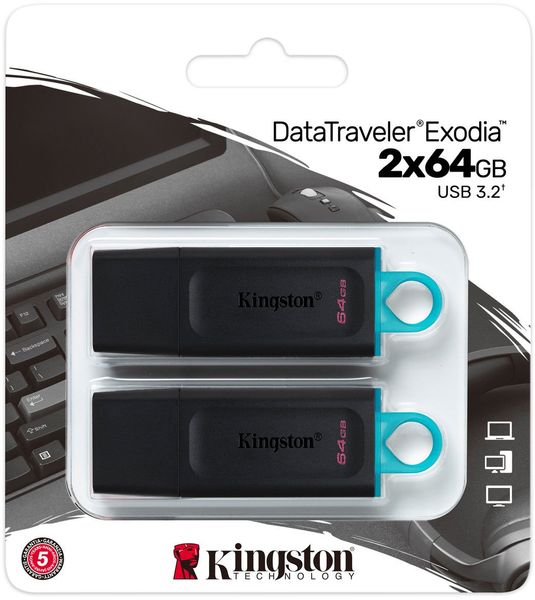 Флеш-накопичувач USB3.2 64GB Kingston DataTraveler Exodia Black/Blue 2 Pieces (DTX/64GB-2P) 465236 фото