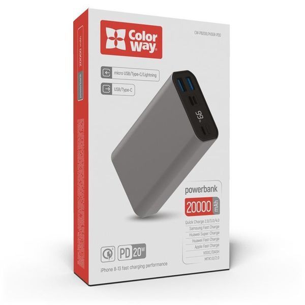 Універсальна мобільна батарея ColorWay 20000mAh Gray (CW-PB200LPH3GR-PDD) 445846 фото