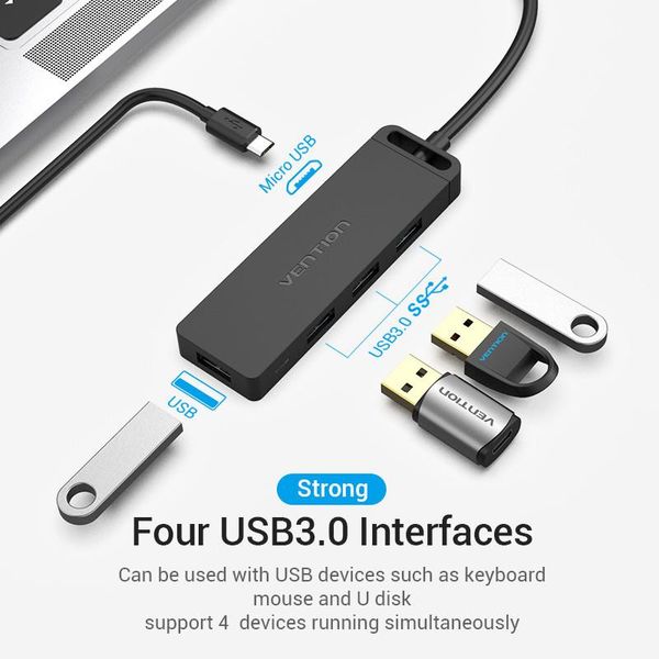 Концентратор Vention 4-Port з micro USB живленням 0.15M Black (TGKBB) 484148 фото