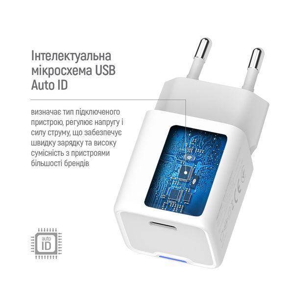 Мережевий зарядний пристрій ColorWay GaN Mini 30W PD Port PPS USB-C White (CW-CHS054PD-WT) 551229 фото