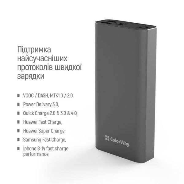 Універсальна мобільна батарея ColorWay 20000mAh Gray (CW-PB200LPH3GR-PDD) 445846 фото