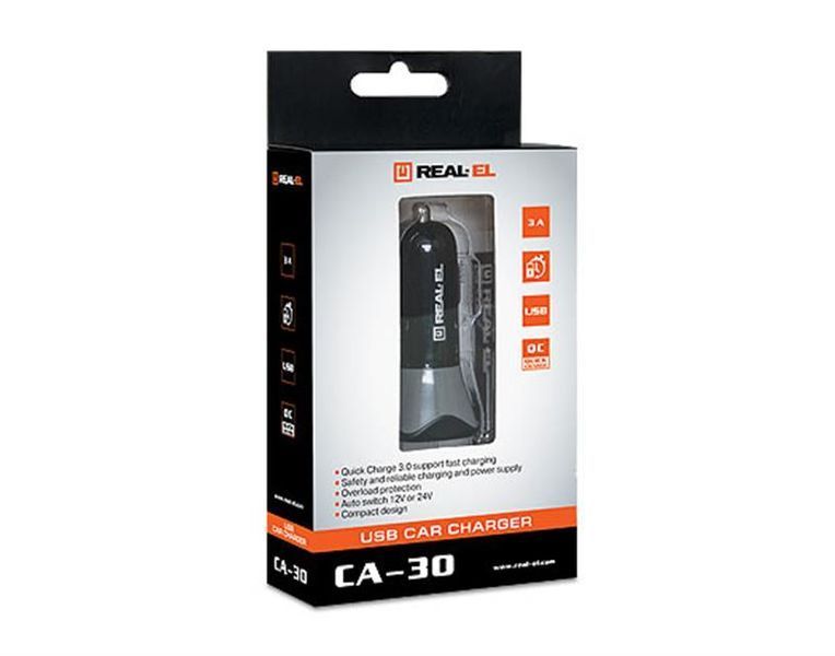 Автомобільний зарядний пристрій REAL-EL CA-30 QC3.0 (1USBx3A) Black/Grey 445126 фото