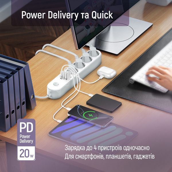 Фільтр живлення ColorWay CW-CHE44PDW 4 розетки, 4USB (Type-C PD20W + 3USB QC3.0) (45W), 2 м, White 606569 фото