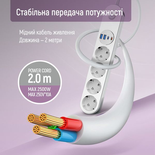 Фільтр живлення ColorWay CW-CHE44PDW 4 розетки, 4USB (Type-C PD20W + 3USB QC3.0) (45W), 2 м, White 606569 фото