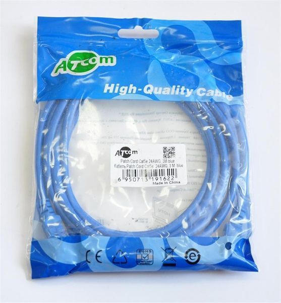 Патч-корд литий, UTP, RJ45, Cat.5e, 3m, синій 2767 фото