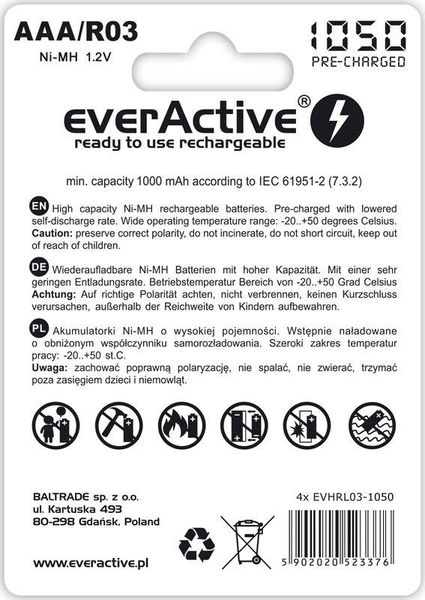 Акумулятор everActive AAA/HR03 Ni-MH 1050mAh BL 4шт 291222 фото