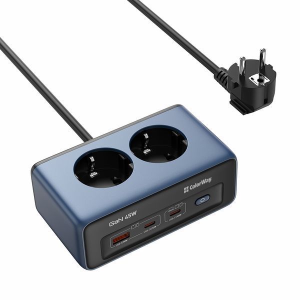 Фільтр живлення ColorWay CW-CHE25PDB 45W 2 розетки, 1xUSB-A 2xUSB-C, 2 м, синій 606588 фото