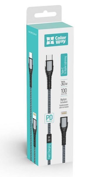 Кабель ColorWay USB-C - Lightning (M/M), PD Fast Charging, 3 А, 1 м, Grey (CW-CBPDCL033-GR) 342640 фото